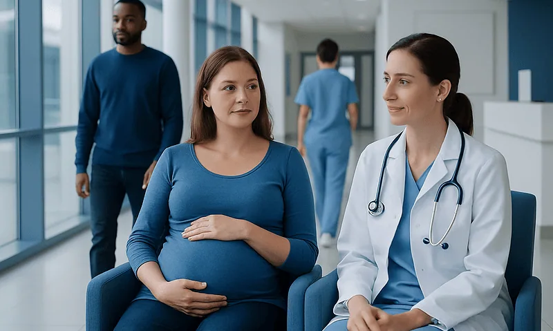 Health Library 5 Pregnant woman consulting with a doctor in a hospital corridor.