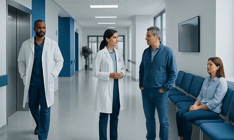 Medical team consulting in hospital corridor with patient and staff.