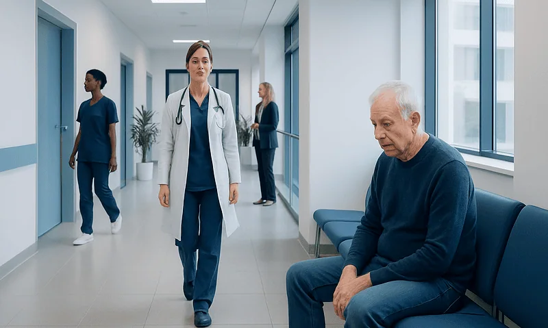 Healthcare professionals and patient in a modern hospital corridor.