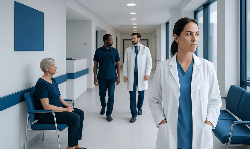 Healthcare professionals and patient in a modern hospital corridor.