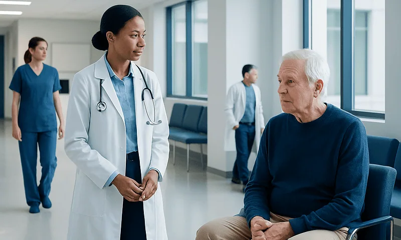Doctor consulting elderly patient in hospital corridor.