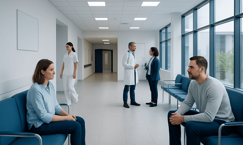 Patients waiting in a hospital corridor with doctors and staff in the background.
