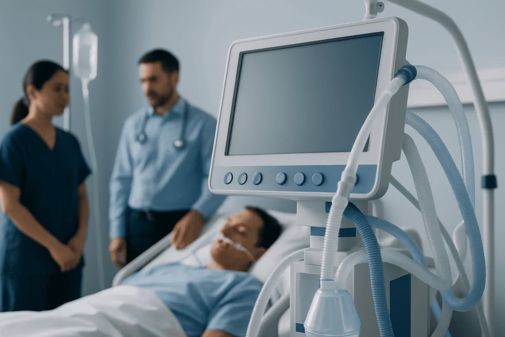 Hospital patient on ventilator with medical staff in background.
