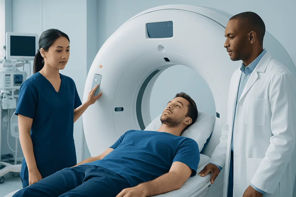 Medical professionals prepare a patient for an MRI scan in a hospital setting.
