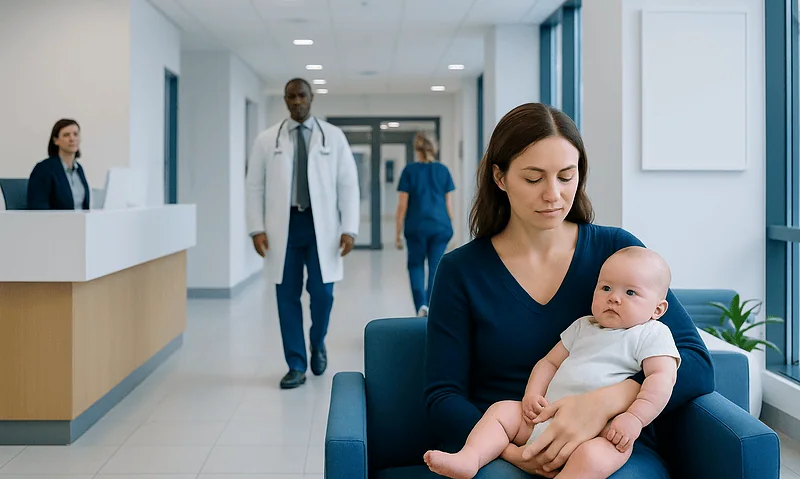 Mother holding baby in hospital waiting area with medical staff in background.