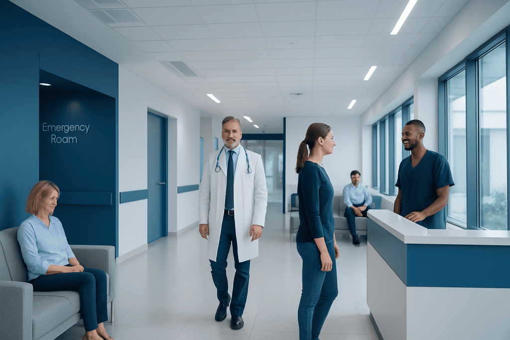 Inj HCG — Explained by Medical Evidence, Not Myths 1 Hospital waiting area with medical staff and patients at Acibadem Hospitals Group.