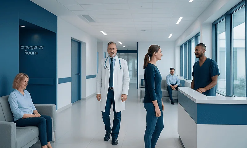 Hospital waiting area with medical staff and patients at Acibadem Hospitals Group.