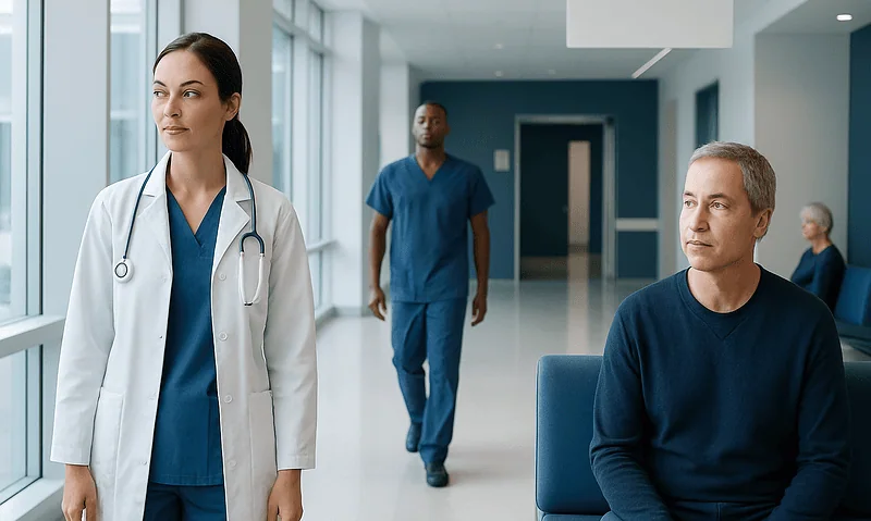 Medical professionals and patient in hospital corridor at Acibadem Hospitals Group.