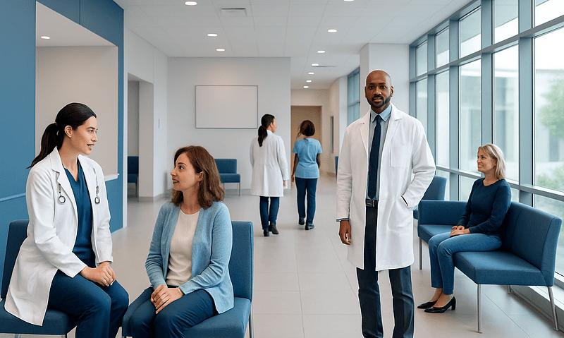 Medical professionals and patients in a modern hospital waiting area.