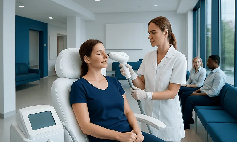 Medical professional performs skin treatment on patient in clinic setting.