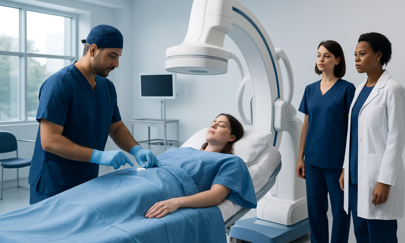 Patient undergoing eye surgery with medical team in a modern hospital.