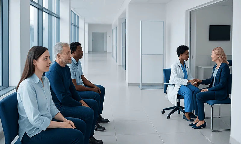 Patients waiting in a hospital corridor for medical consultation.