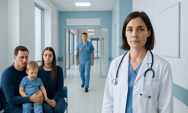 Medical professional with a family in a hospital corridor at Acibadem Hospitals Group.