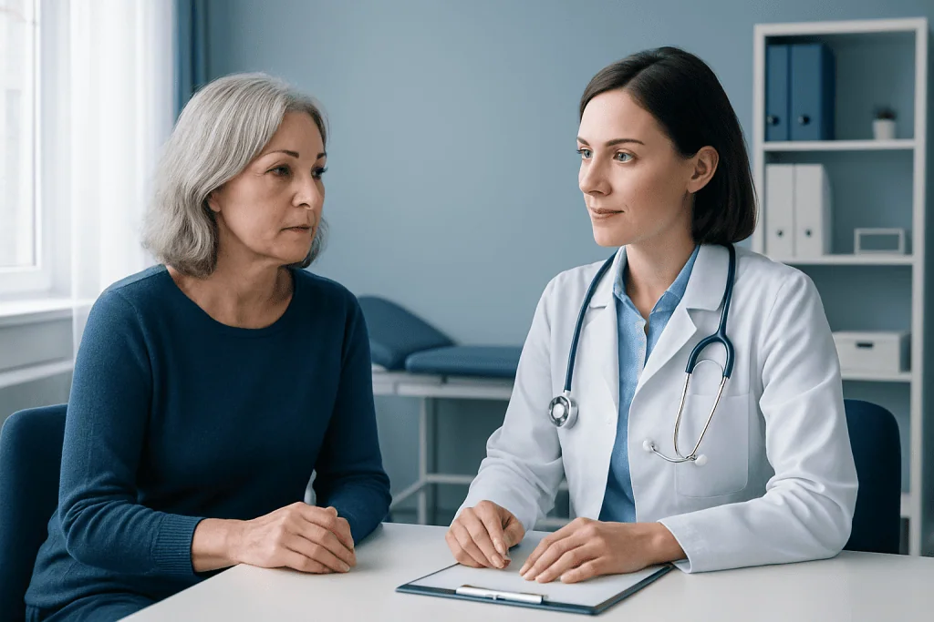 Doctor consulting with an older female patient in a medical office.