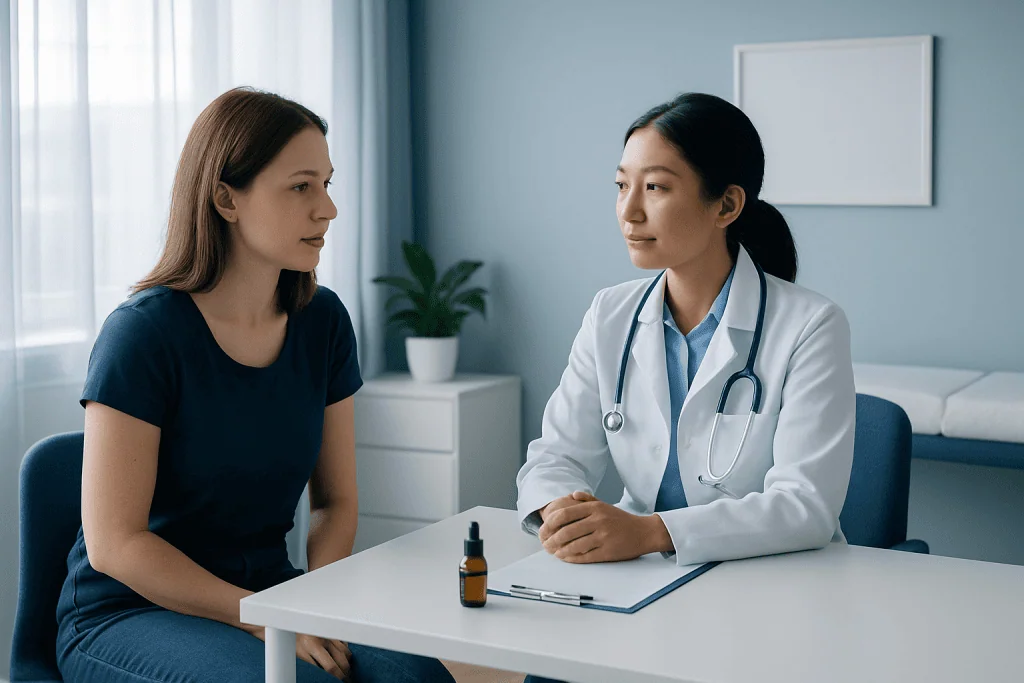 Doctor consulting with a patient in a medical office setting.