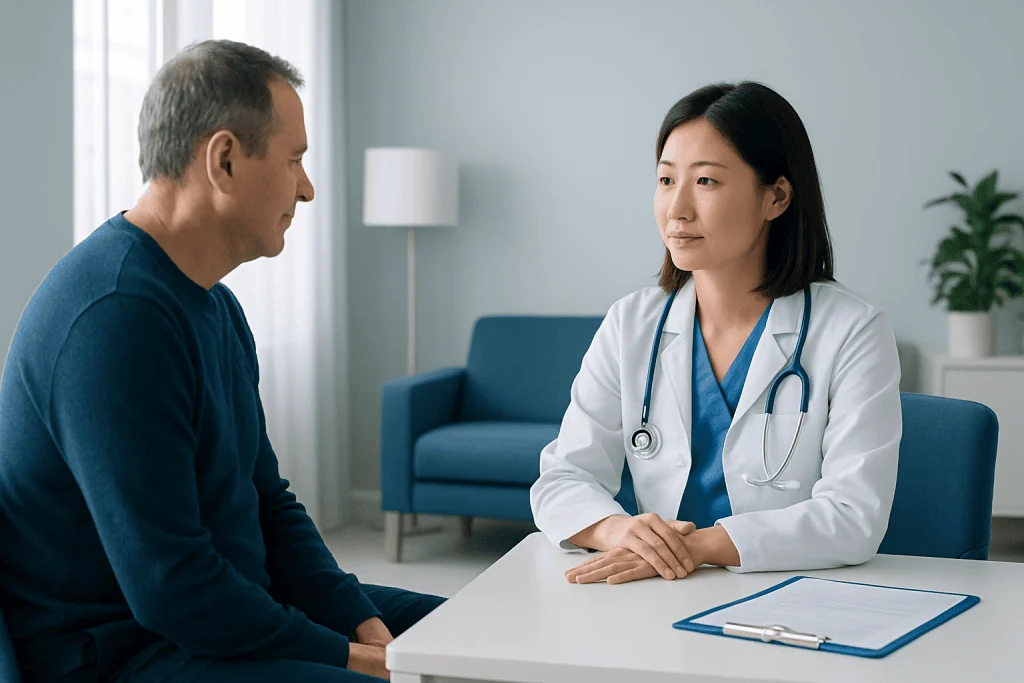 Doctor consulting with a male patient in a modern clinic setting.