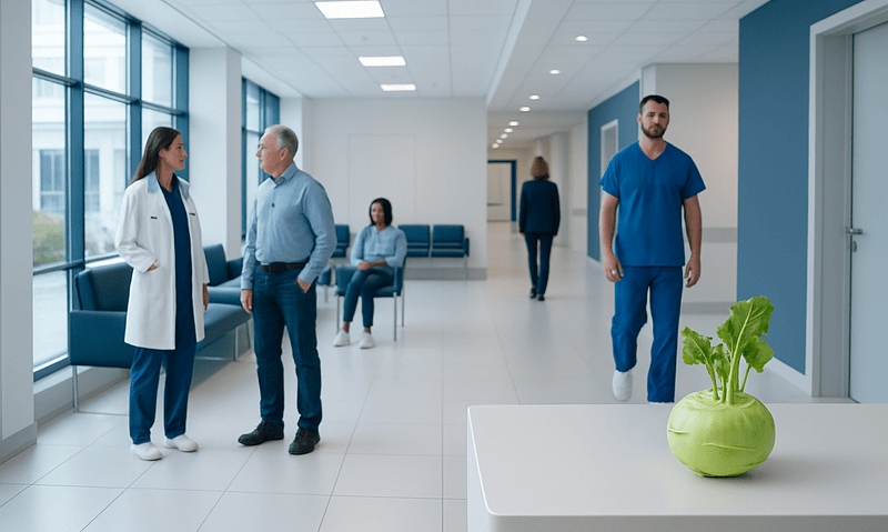 Healthy hospital environment with medical staff and a decorative kohlrabi plant.