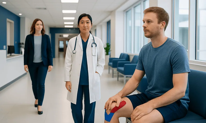 Patient with knee support consulting with healthcare professionals in hospital corridor.