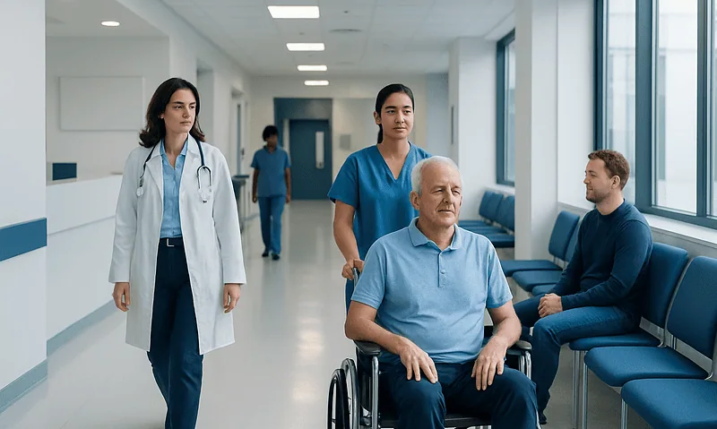 Hospital corridor with medical staff and patients in a modern healthcare facility.