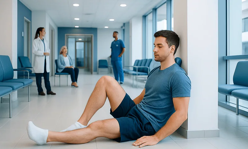 Patient with leg pain receiving treatment in a hospital corridor.