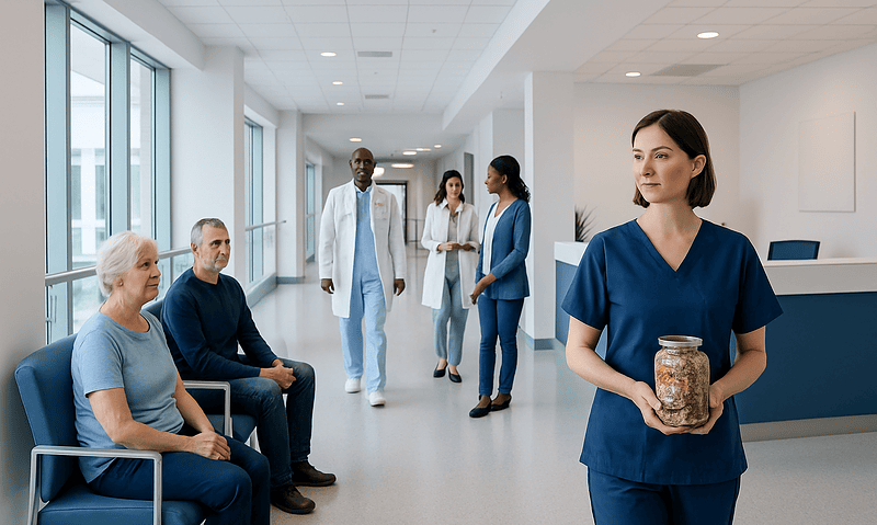 Healthcare professionals and patients in a modern hospital corridor.