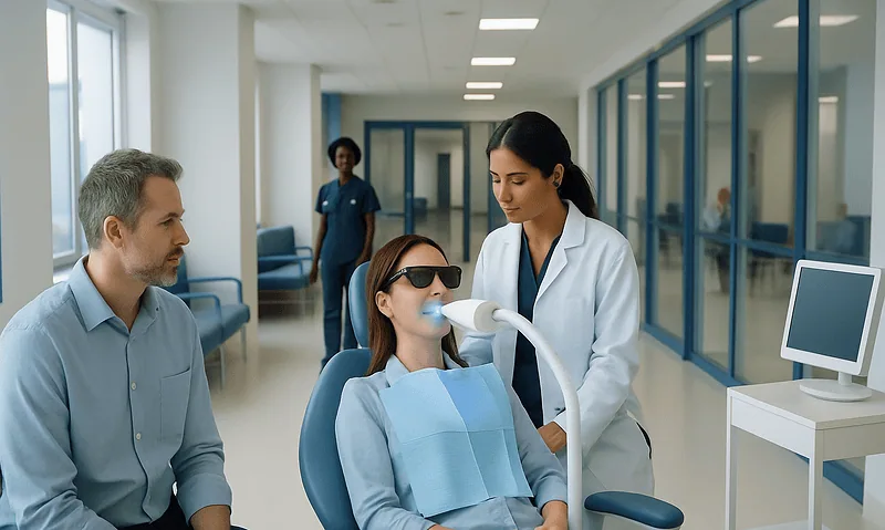 Dental patient undergoing laser teeth whitening at Acibadem Hospital.