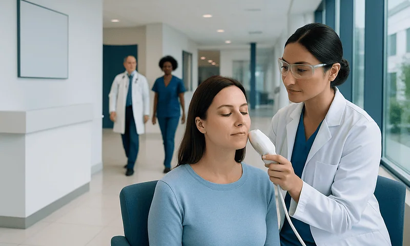 Dermatologist performs laser facial treatment on a patient in a modern clinic.