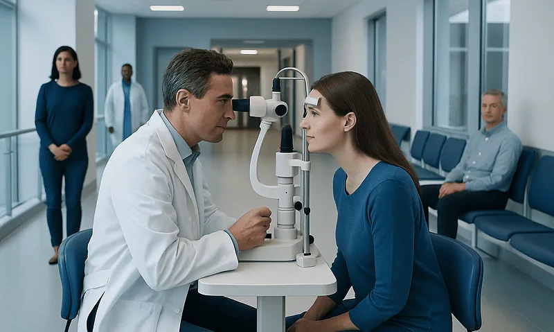Ophthalmologist examines a patient's eyes with a slit lamp in a modern clinic.