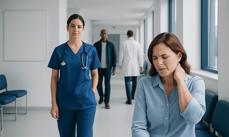Patient experiencing neck pain in hospital corridor with medical staff nearby.