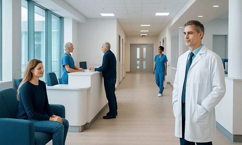 Medical staff and patient in a modern hospital corridor.