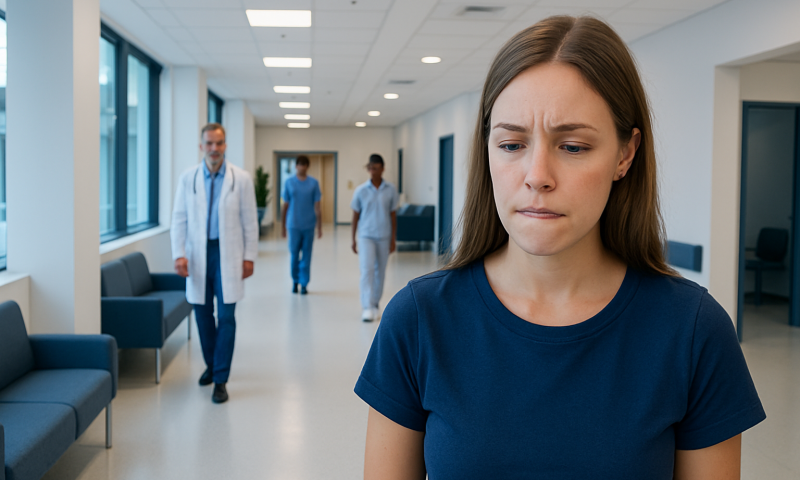 Young woman appears worried in hospital corridor with medical staff in background.