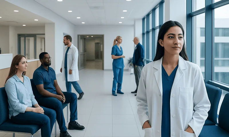 Medical professionals and patients in a modern hospital corridor.