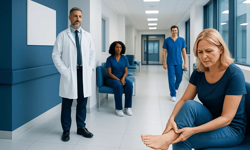 Patient with foot pain consulting with medical staff in hospital corridor.