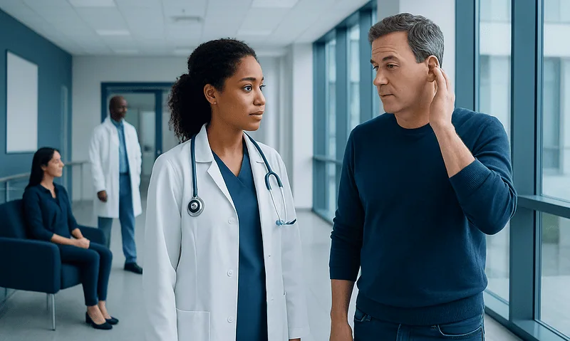 Doctor consulting with patient in hospital corridor.