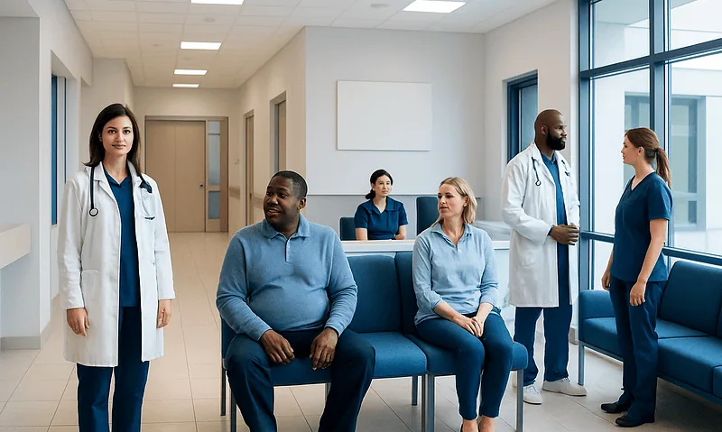 Medical team and patients in a hospital waiting area at Acibadem Hospitals Group.