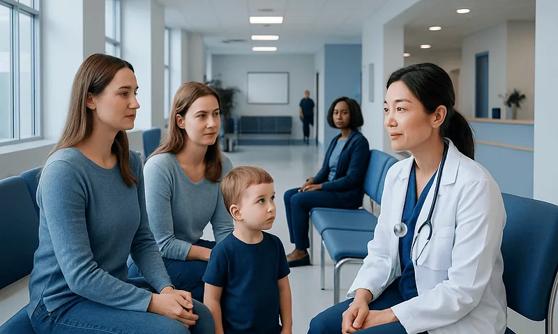 Doctor consulting with a family in a hospital waiting area.