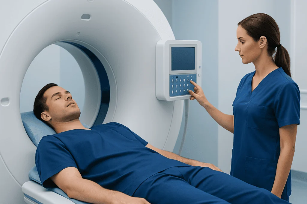 Patient undergoing MRI scan at Acibadem Hospital with medical staff assistance.
