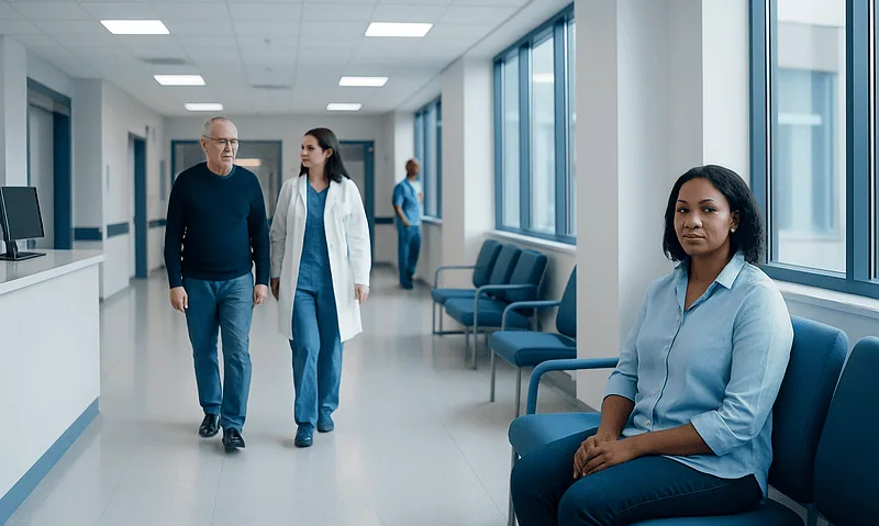 Patient waiting in hospital corridor with medical staff nearby.