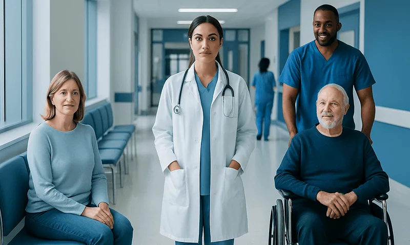 Medical team with patient in hospital corridor at Acibadem Hospitals Group.