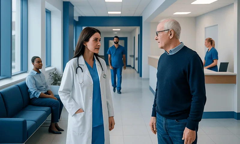 Doctor and patient having a conversation in a hospital corridor.