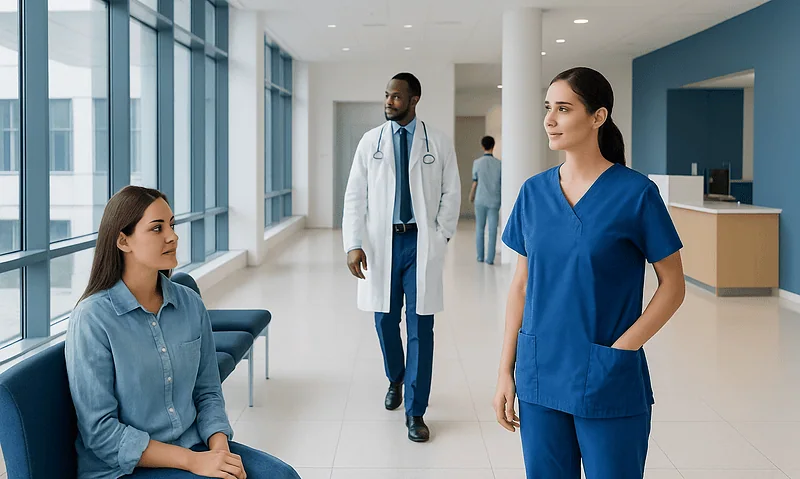 Patient and nurse in a hospital corridor with doctor in background.
