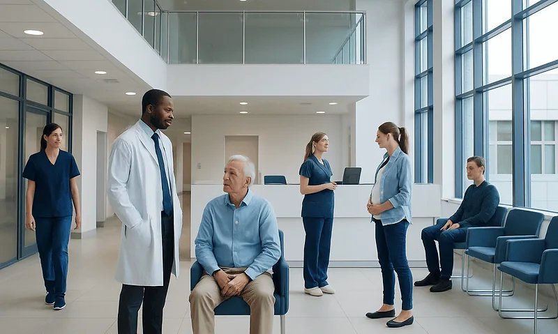 Hospital staff consulting with elderly patient in modern medical facility.