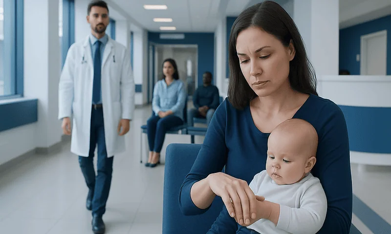 Mother with baby in hospital waiting area, healthcare professionals in background.