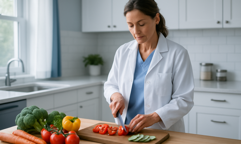 Woman preparing vegetables in a modern kitchen for healthy eating.