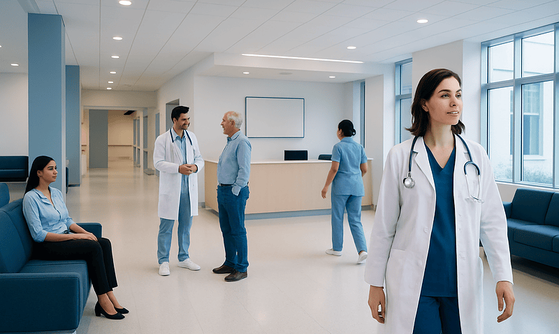 Medical staff and patients in a modern hospital lobby at Acibadem Hospitals Group.