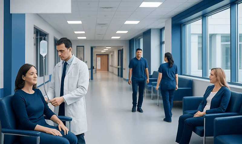 Patients receiving IV therapy in a modern hospital corridor.