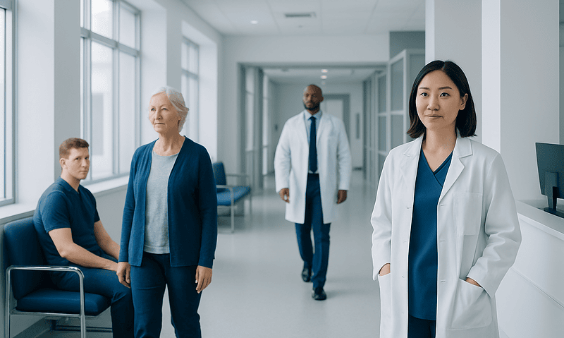 Medical professionals and patient in a hospital corridor.