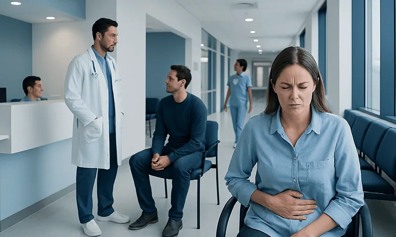 Woman experiencing nausea in a hospital waiting area with medical staff nearby.