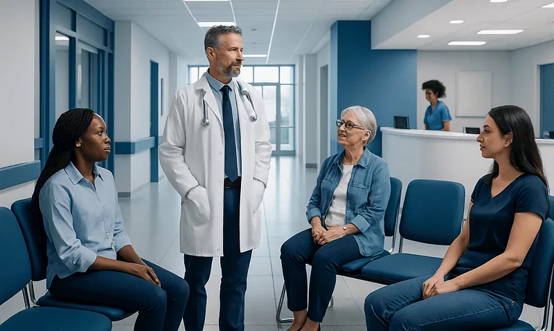 Doctor consulting with diverse patients in hospital corridor.