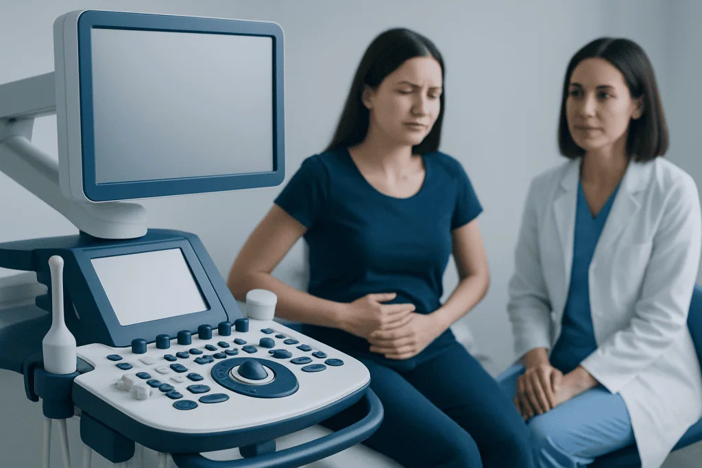 Woman experiencing menstrual pain during a medical ultrasound consultation.